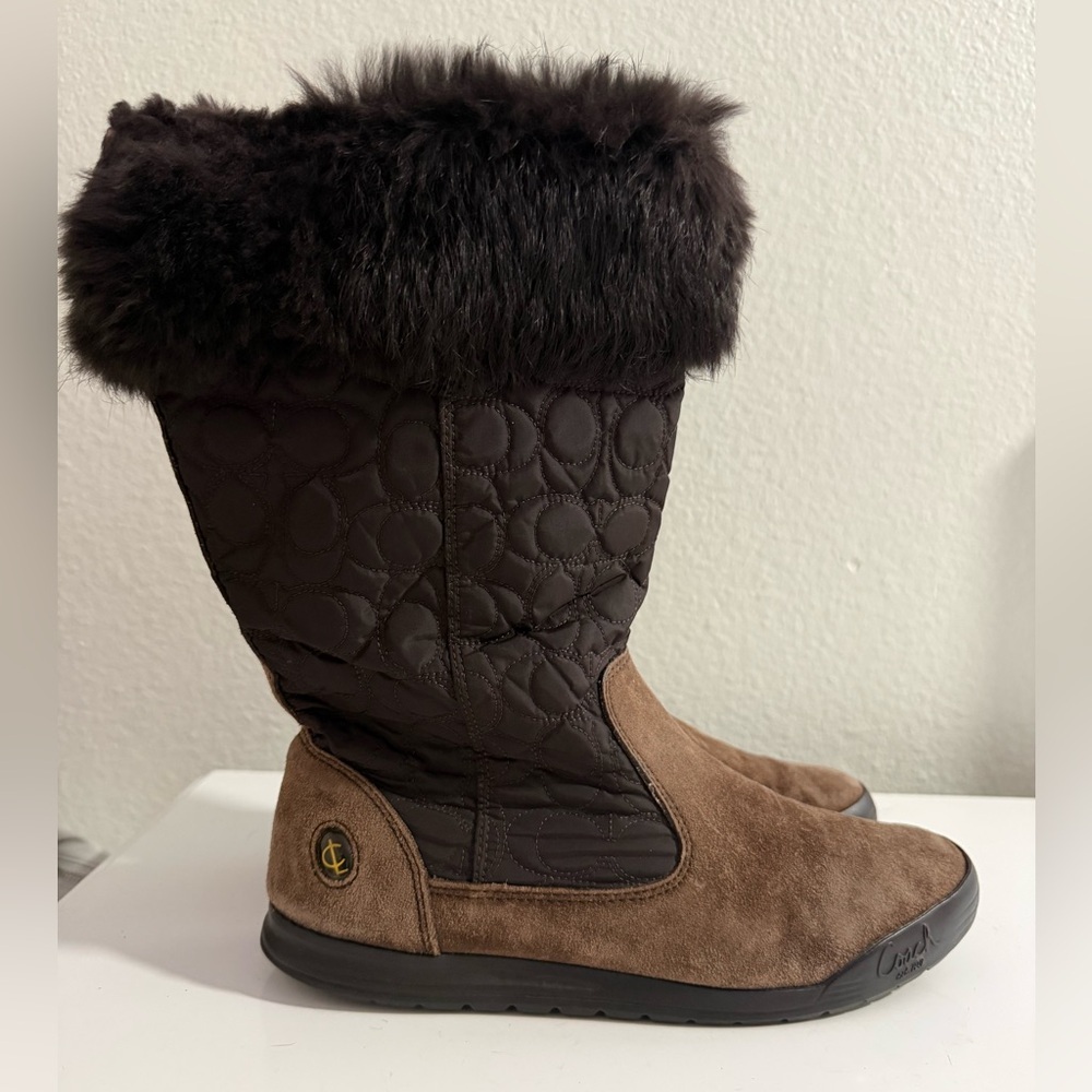 Coach Brown Quilted Shaft Winter Boots with Faux Fur Cuff - Picture 2 of 15